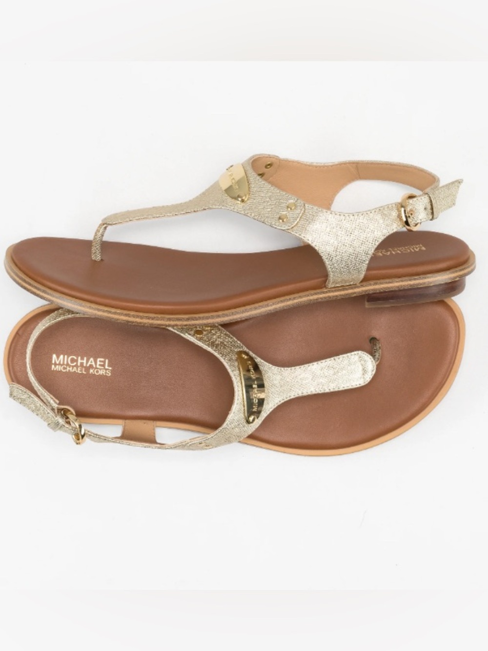 Michael Kors MK Plate Flat Thong T-Strap Metallic Gold Sandals Women’s Size 7.5